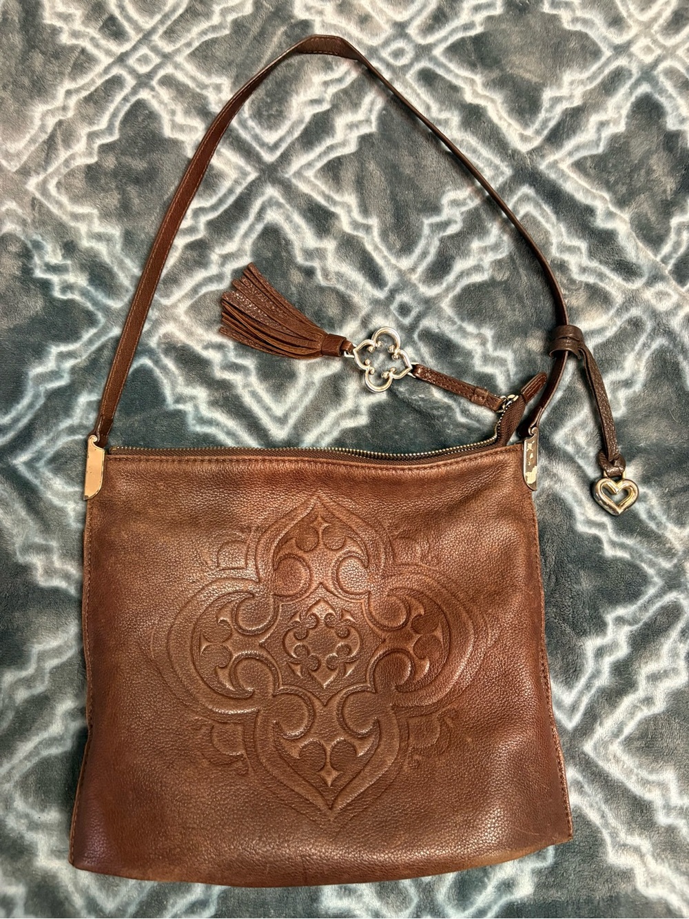 Brighton Brown Embossed Leather Shoulder Bag Tasseled Zipper Pull Heart Charm